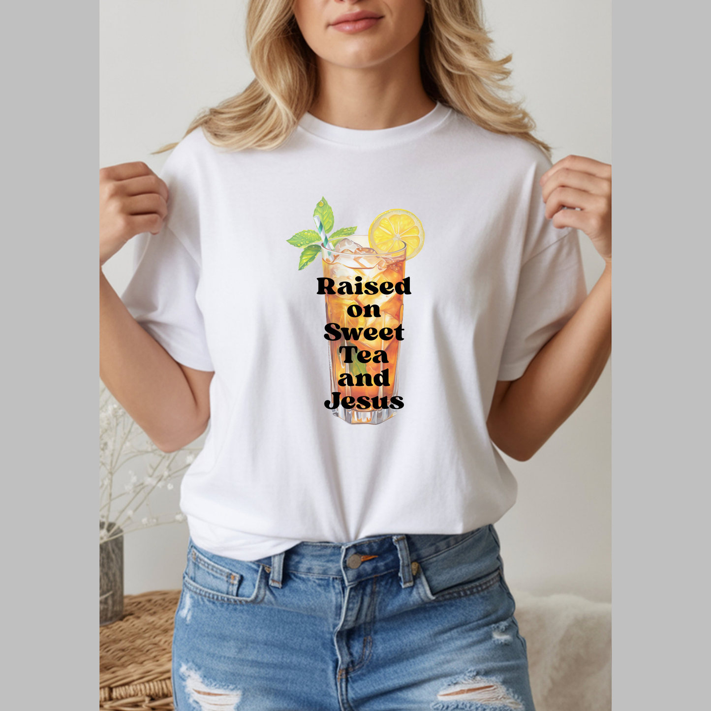 Ladies' "Raised on Sweet Tea And Jesus" Short Sleeve T-Shirt